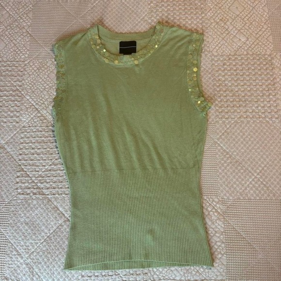 American Vintage Tops - 90s Pastel Green sequin long sleeve tank top with matching cardigan